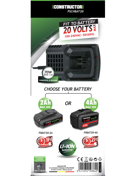 Chargeur rapide pour batterie 20V max Constructor