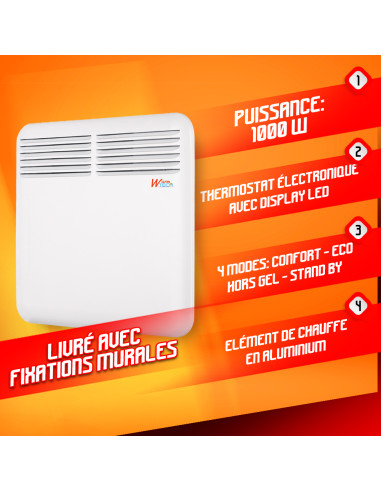 Chauffage électrique mural 1000W - 51.5x43x6.5cm - Warmtech