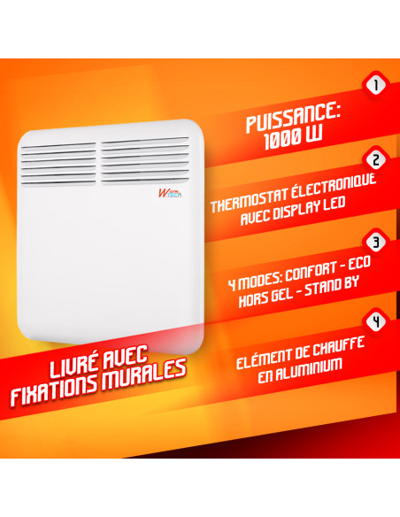 Chauffage électrique mural 1000W - 51.5x43x6.5cm - Warmtech