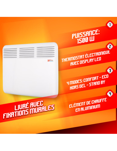 Chauffage électrique mural 1500W - 64.5x43x6.5cm - Warmtech