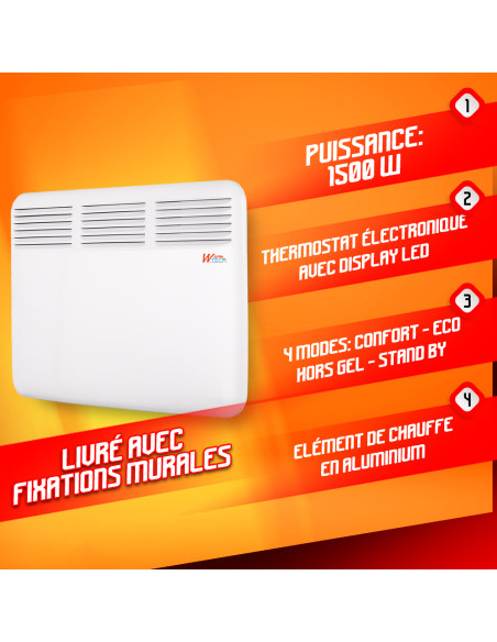 Chauffage électrique mural 1500W - 64.5x43x6.5cm - Warmtech