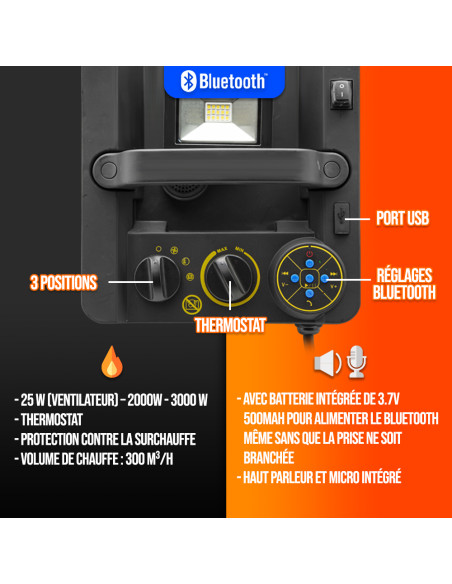 Chauffage d'atelier 3000W + Bluetooth + éclairage led 10W -