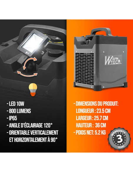 Chauffage d'atelier 3000W + Bluetooth + éclairage led 10W -