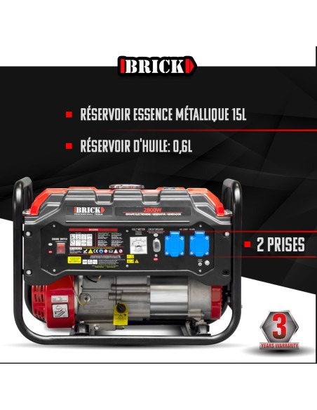 Groupe électrogène max 2800W - Essence - 2 prises - AVR - Brick
