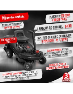 Rider autoporté 196cc - 61 cm - 4 vitesses Bac récolteur 150L - 2