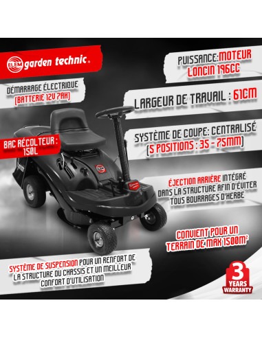 Rider autoporté 196cc - 61 cm - 4 vitesses Bac récolteur 150L -