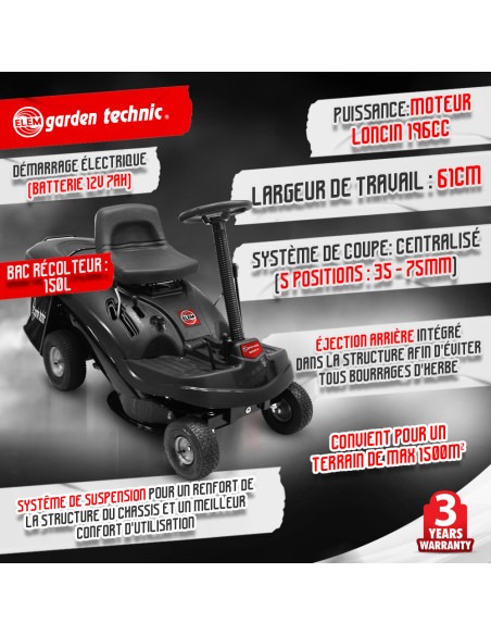 Rider autoporté 196cc - 61 cm - 4 vitesses Bac récolteur 150L -