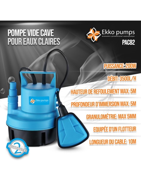 Pompe vide caves pour eaux claires 200W équipée d un flotteur -