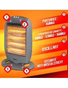 Chauffage halogène oscillant 1600W - Warmtech 2