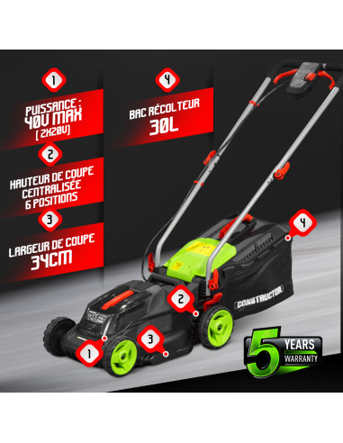 Tondeuse à gazon 40V (2x20V) 34 cm - Sans batterie - Constructor