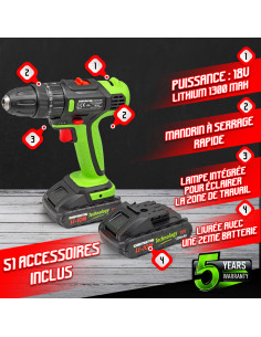 Perceuse visseuse 18V avec percussion -2 batteries 2