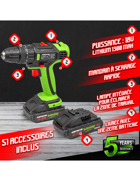 Perceuse visseuse 18V avec percussion -2 batteries