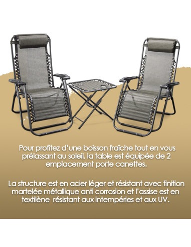 Lot de 2 chaises longues + table pliable