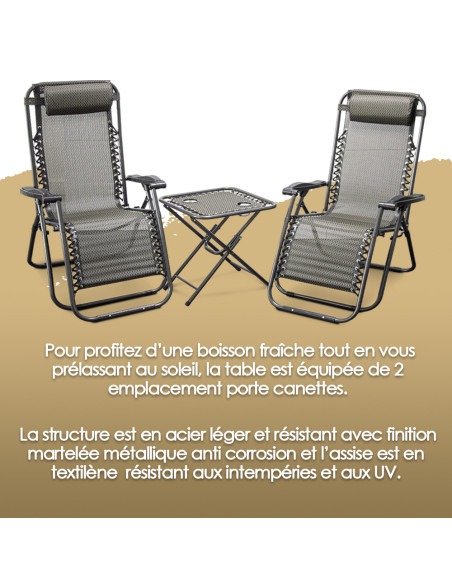 Lot de 2 chaises longues + table pliable