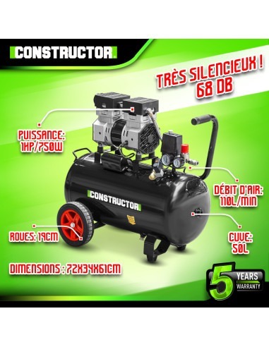Compresseur 750W - 50L silencieux - 8 bars - Constructor