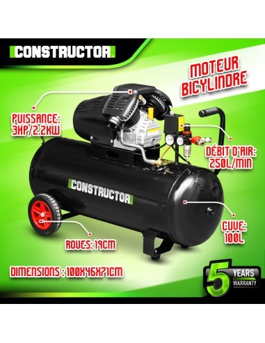 Compresseur à huile 100L bicylindre - 8 bars - 2.2Kw -