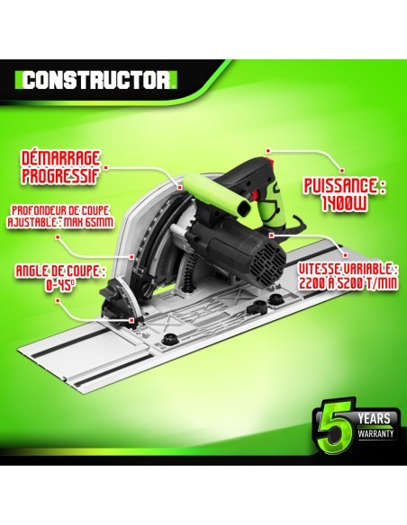 Scie circulaire plongeante 1400W avec rail de guidage - Lame