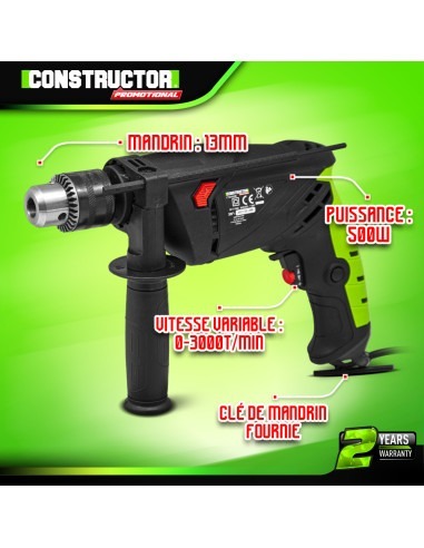 Perceuse percussion filaire 500W - mandrin à clé