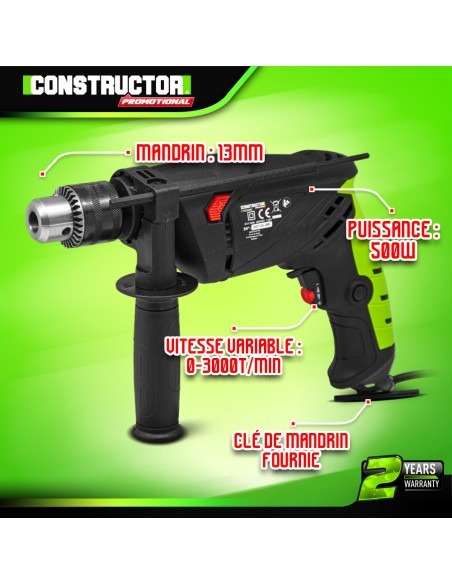 Perceuse percussion filaire 500W - mandrin à clé