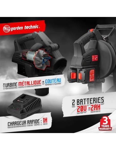 Aspirateur souffleur broyeur rechargeable 2x20V livré avec