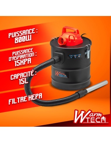 Vide cendres 800W - 15L - 15Kpa avec soufflerie - Filtre Hepa -