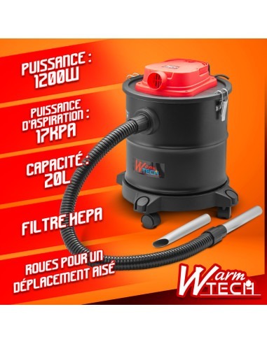 Vide cendres 1200W - 20L - 17Kpa avec soufflerie et roues -