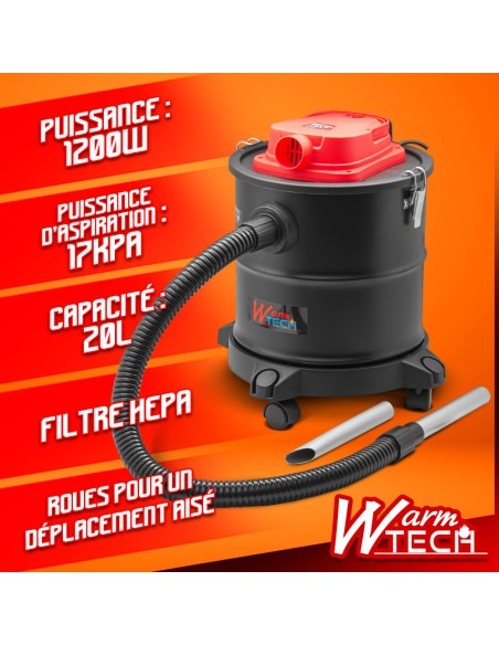 Vide cendres 1200W - 20L - 17Kpa avec soufflerie et roues -