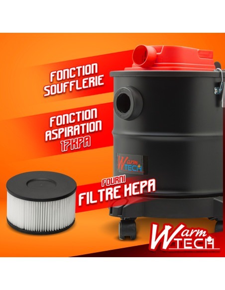Vide cendres 1200W - 20L - 17Kpa avec soufflerie et roues -