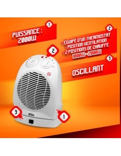 Radiateur soufflant 2000W oscillant avec thermostat - Warm Tech 2
