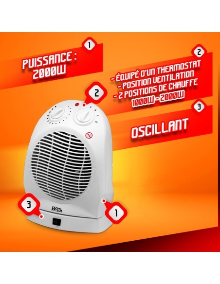 Radiateur soufflant 2000W oscillant avec thermostat - Warm Tech