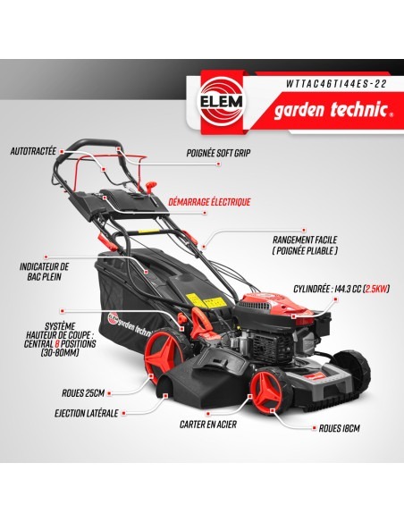 Tondeuse thermique autotractée 144.3cc - 46cm avec démarrage