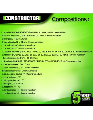 Coffre à douilles 94 pcs Chrome Vanadium - Constructor