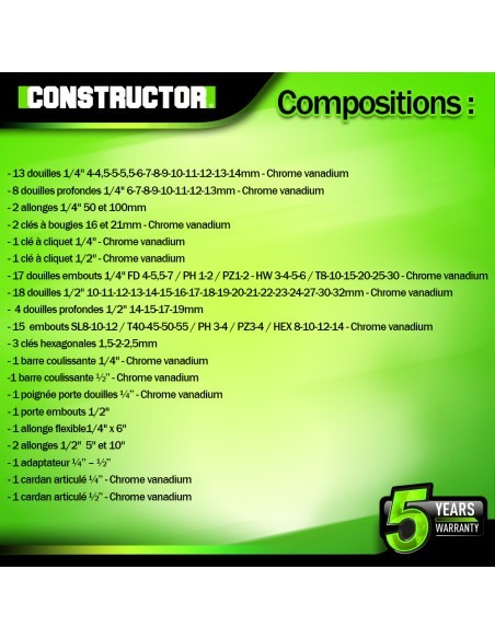 Coffre à douilles 94 pcs Chrome Vanadium - Constructor