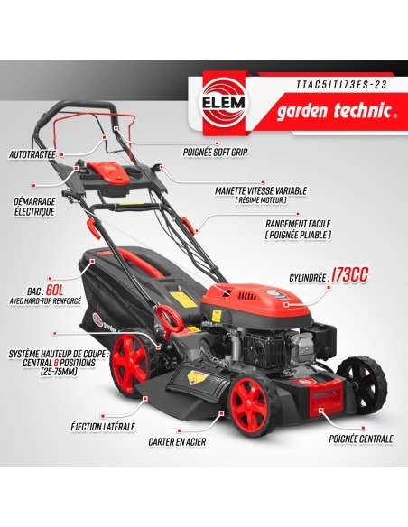 Tondeuse thermique autotractée 173cc - 50.6cm avec démarrage