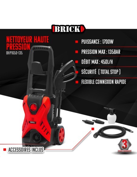 Nettoyeur haute pression 1700W - 135 bars sur roues - Buse