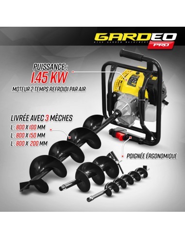 Tarière thermique 52CC + 3 mèches 100 - 150 et 200mm - Gardeo