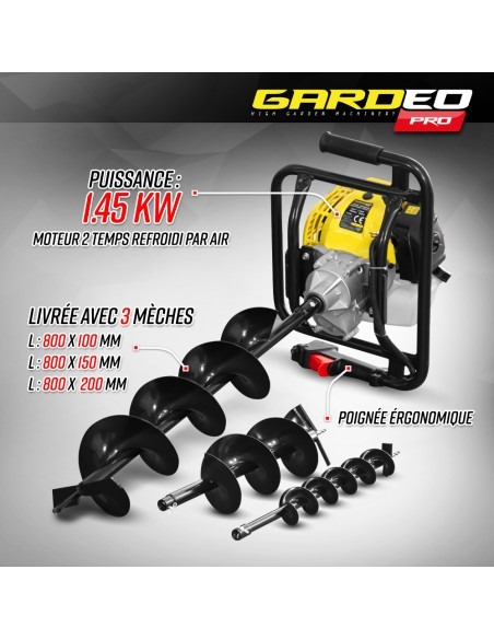 Tarière thermique 52CC + 3 mèches 100 - 150 et 200mm - Gardeo