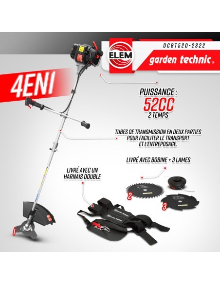 Débroussailleuse thermique 52cc - bobine + 3 lames - Elem Garden