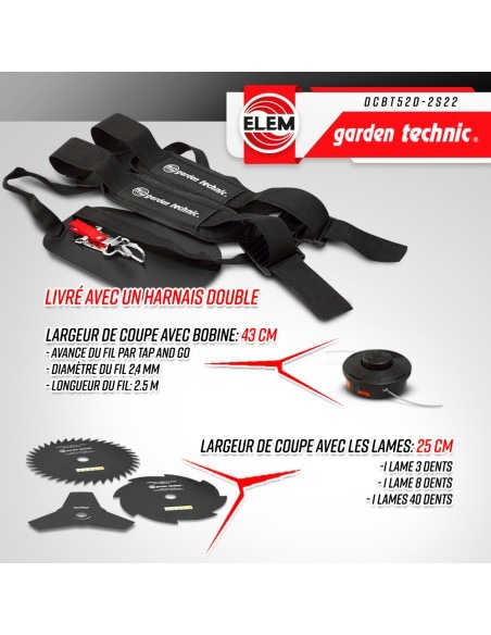 Débroussailleuse thermique 52cc - bobine + 3 lames - Elem Garden