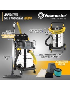 Aspirateur eau et poussières 1600W - 50L inox - 23 Kpa avec 2