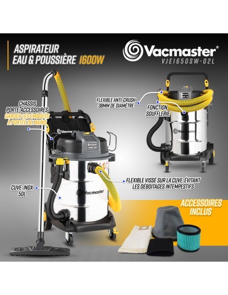 Aspirateur eau et poussières 1600W - 50L inox - 23 Kpa avec