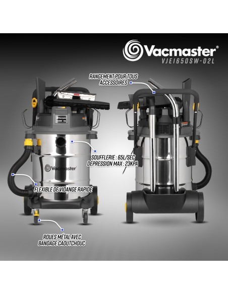 Aspirateur eau et poussières 1600W - 50L inox - 23 Kpa avec