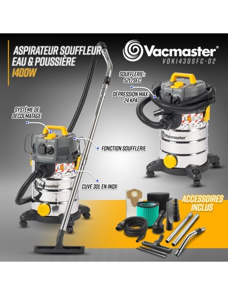 Aspirateur eau et poussières 1400W avec fonction décolmatage -
