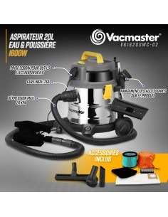 Aspirateur eau et poussières 1600W - 20L inox - 27 Kpa avec 2