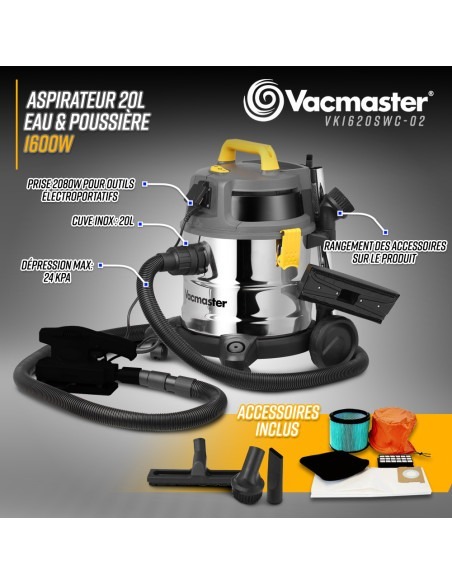 Aspirateur eau et poussières 1600W - 20L inox - 27 Kpa avec