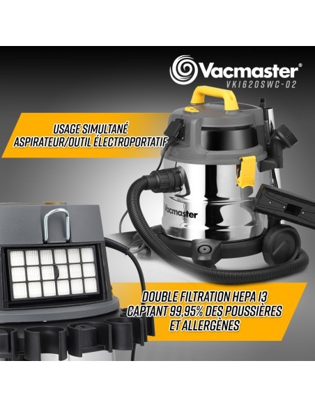 Aspirateur eau et poussières 1600W - 20L inox - 27 Kpa avec