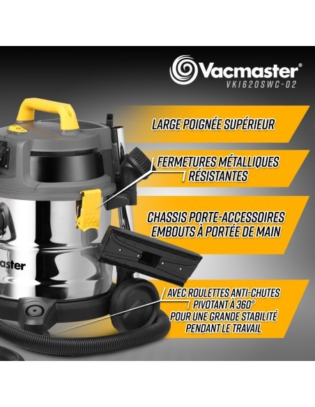 Aspirateur eau et poussières 1600W - 20L inox - 27 Kpa avec