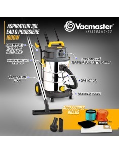 Aspirateur eau et poussières 1600W - 30L inox - 27 Kpa avec 2