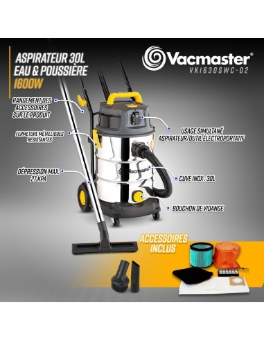 Aspirateur eau et poussières 1600W - 30L inox - 27 Kpa avec