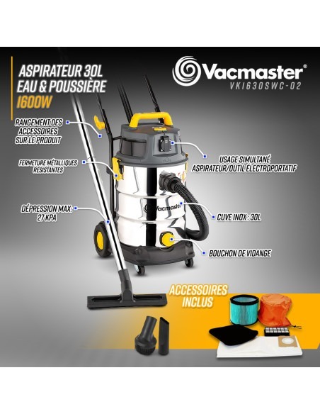 Aspirateur eau et poussières 1600W - 30L inox - 27 Kpa avec